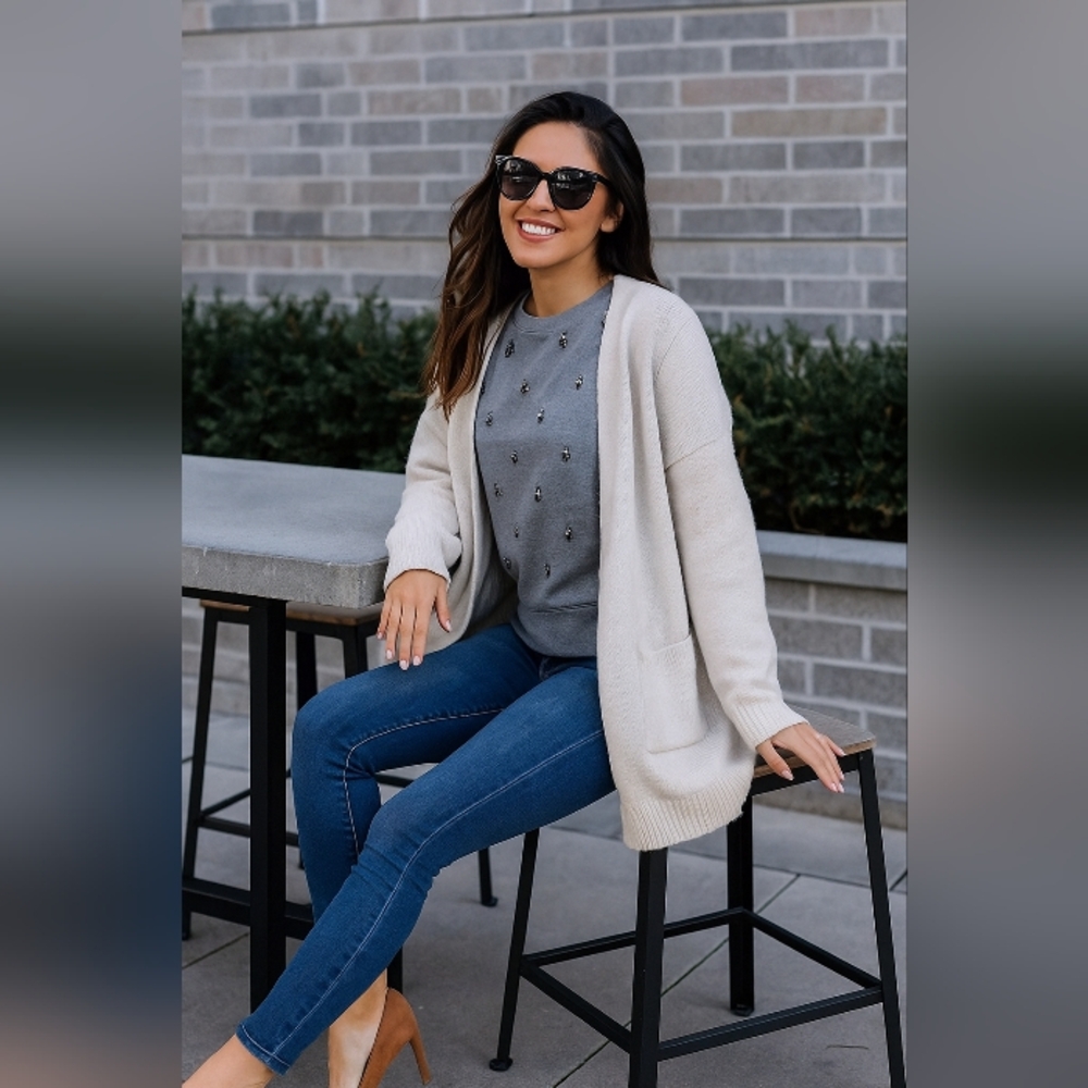 J. Crew Grey Womens Sz L Silver Gem Embellished Accents Glam Crewneck Sweatshirt